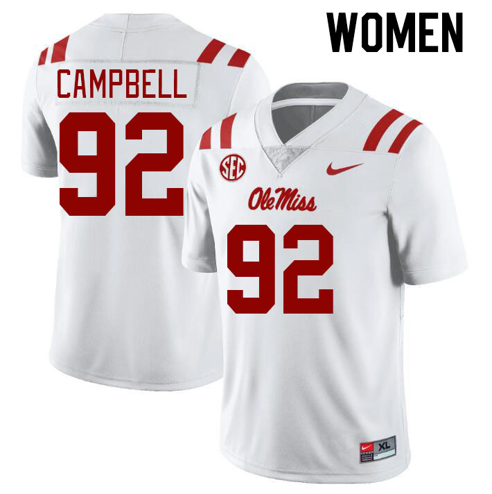 Women #92 Chamberlain Campbell Ole Miss Rebels College Football Jerseyes Stitched Sale-White